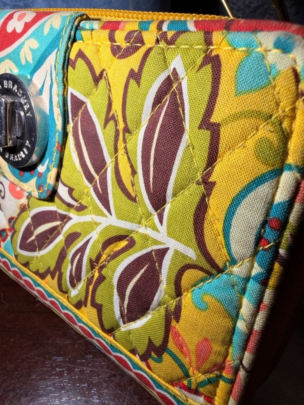 Vera Bradley Yellow Turquoise Brown Floral Quilted Turn-Lock Wallet - Picture 3 of 9